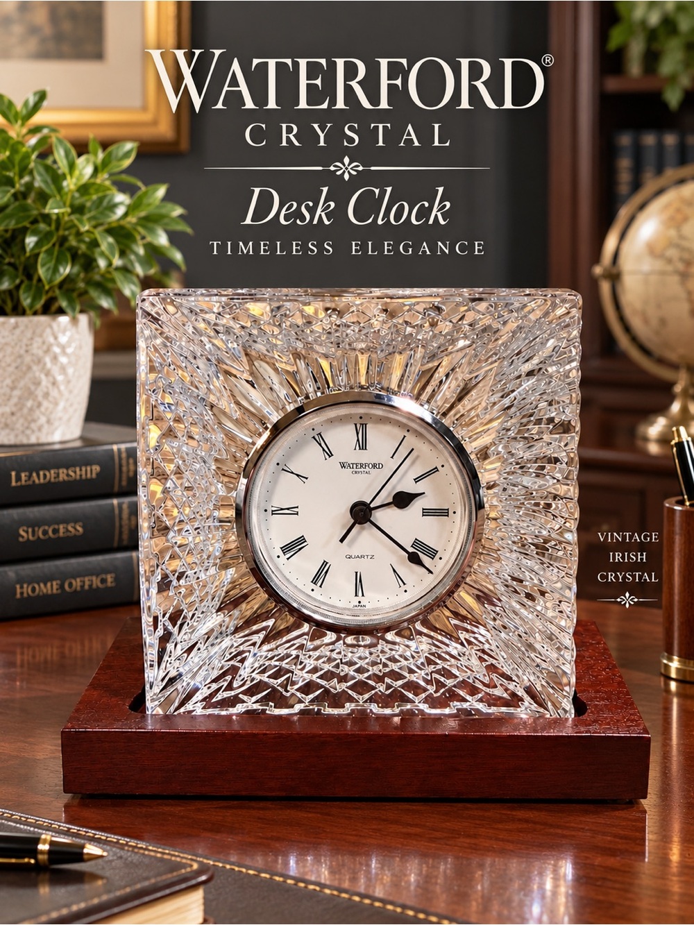 Vintage Waterford Crystal Quartz Desk Clock w/ Wood Base | Roman Numerals